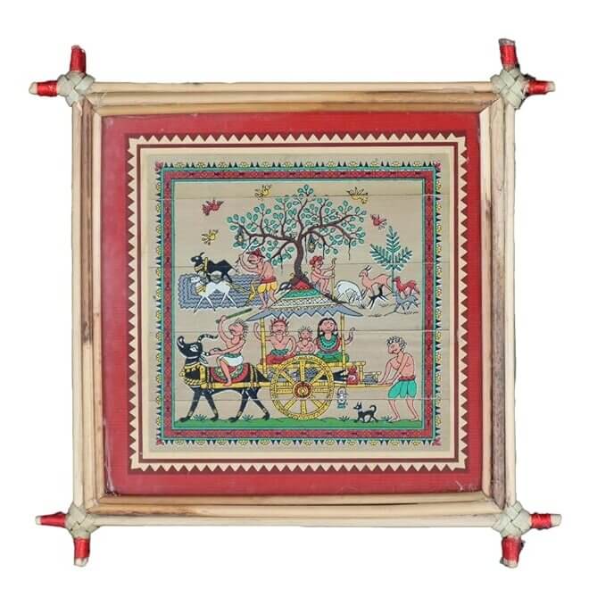 Framed Palm Leaf Village Scene Painting